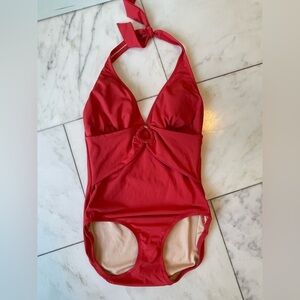 Land’s End, size 6, red orange halter deep cut full rear coverage one piece